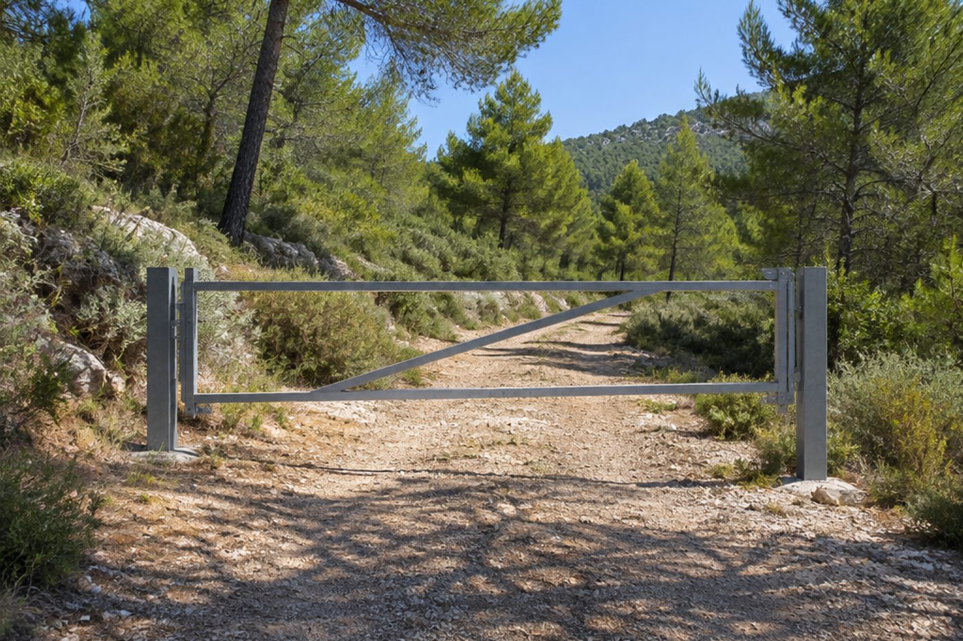 Barrière métallique fermée sur un chemin de terre à l’entrée d’une forêt de pins méditerranéens, sol sec et garrigue, journée d’été ensoleillée, aucune fumée visible.